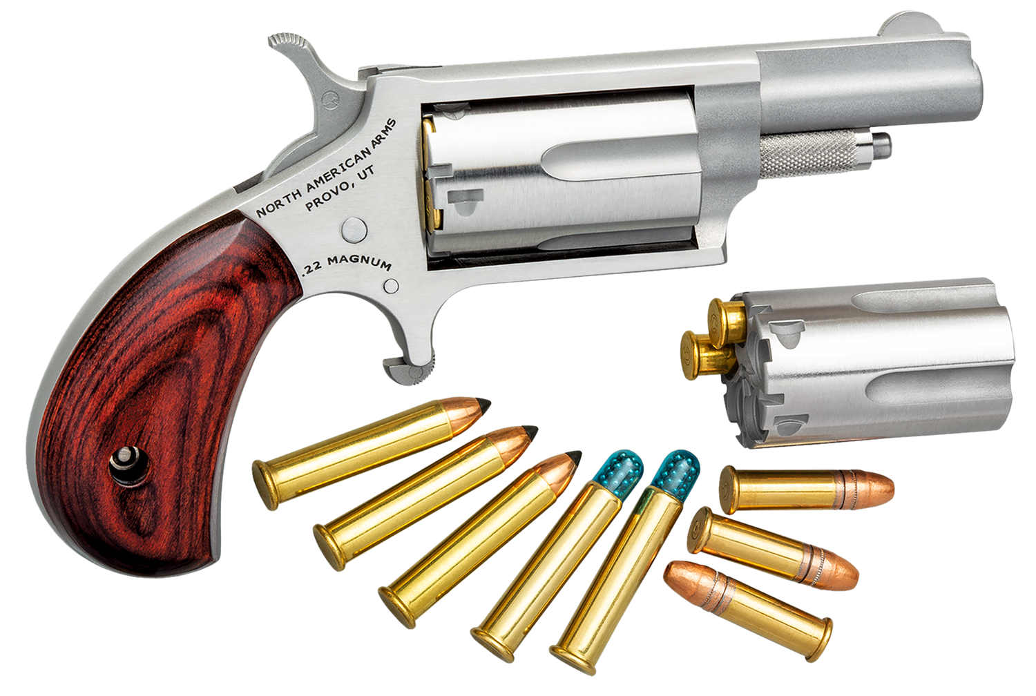 North American Mini-Revolver Combo 22MC, 22 Long Rifle / 22 WMR, 1 5/8", Rosewood Grip, Matte Stainless Finish, 5 Rd