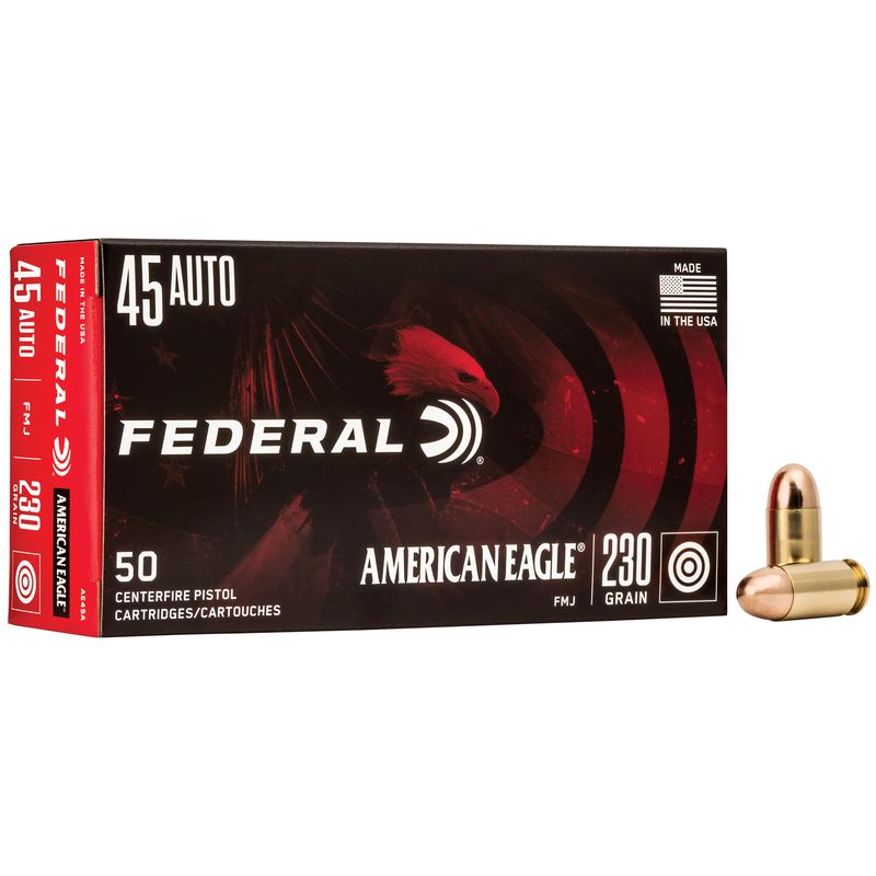 Federal American Eagle Pistol Ammunition AE45A, 45 ACP, Full Metal Jacket (FMJ), 230 GR, 850 fps, 50 Rd/bx