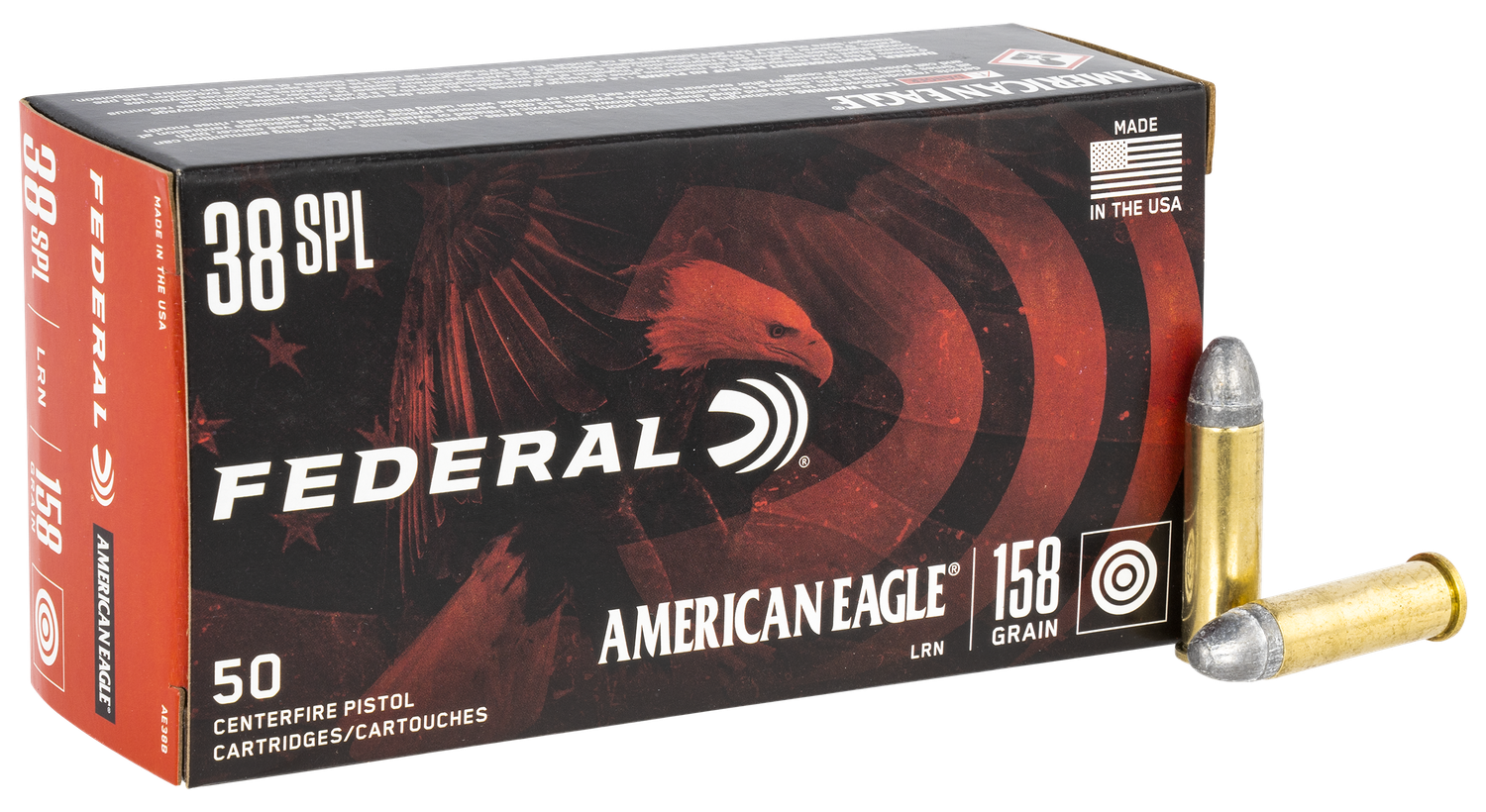 Federal American Eagle Handgun Ammunition AE38B, 38 Special, Lead Round Nose (RN), 158 GR, 760 fps, 50 Rd/bx