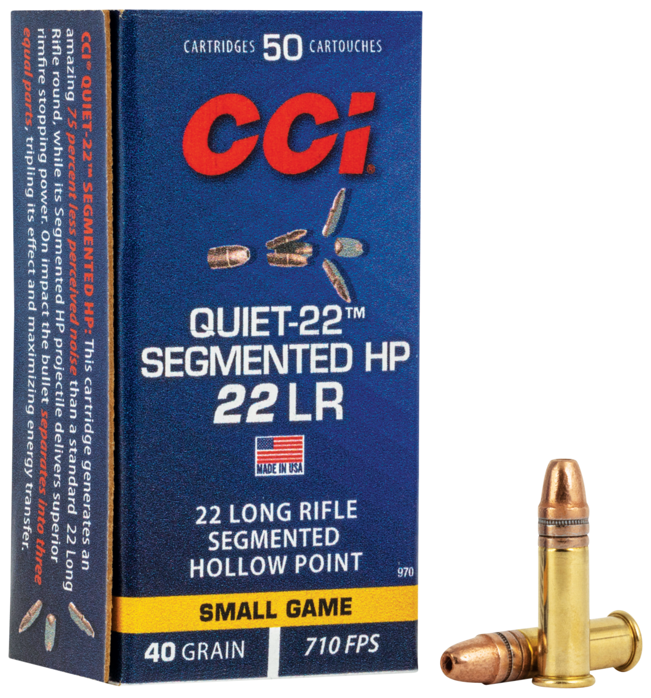 CCI Quiet SubSonic Rimfire Ammunition 970, 22 Long Rifle, Segmented Hollow Point (HP), 40 GR, 710 fps, 50 Rd/bx