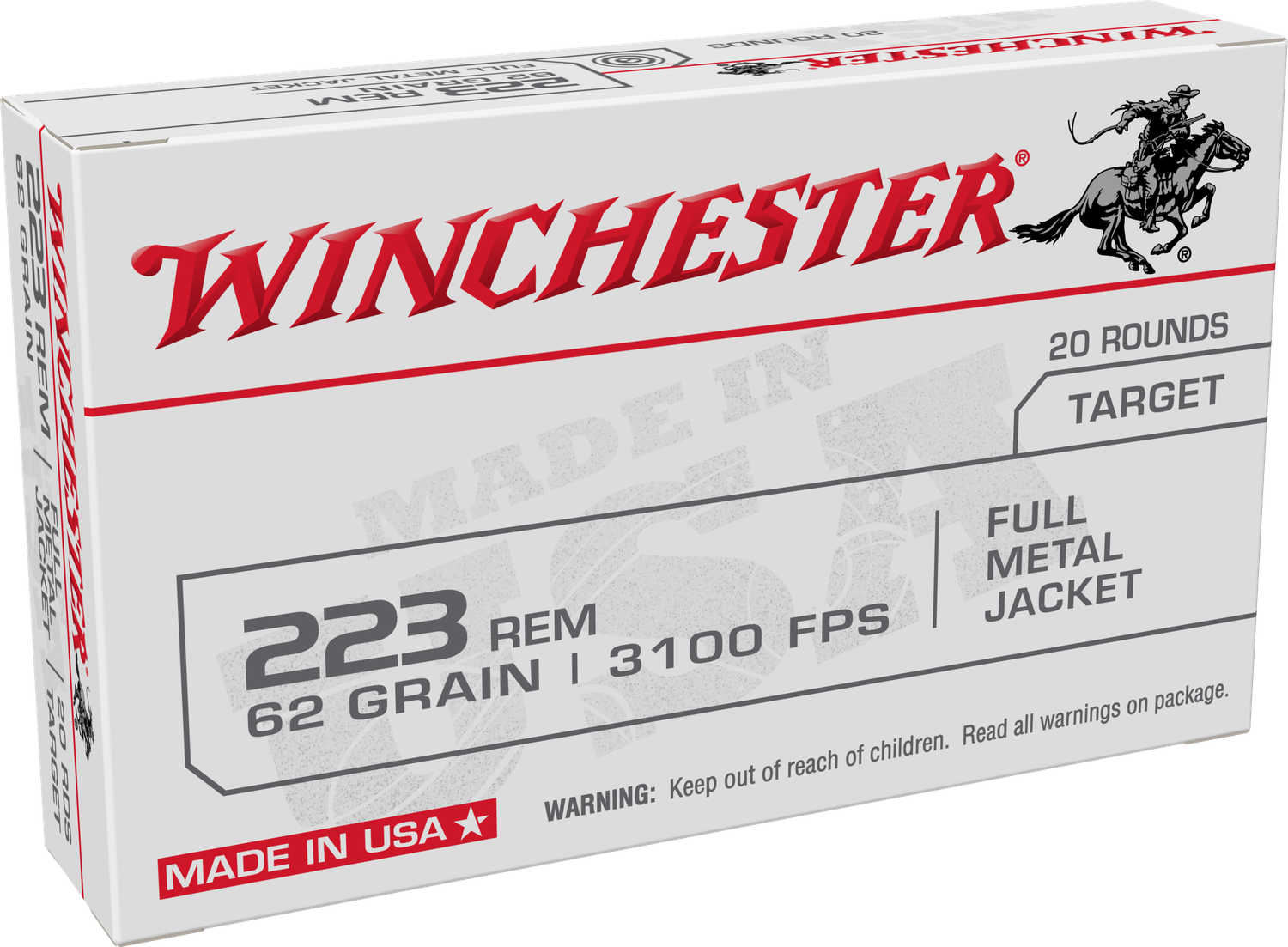 Winchester Rifle Ammunition W223FMJ62, 223 Remington, Full Metal Jacket (FMJ), 62 GR, 3100 fps, 20 Rd/bx