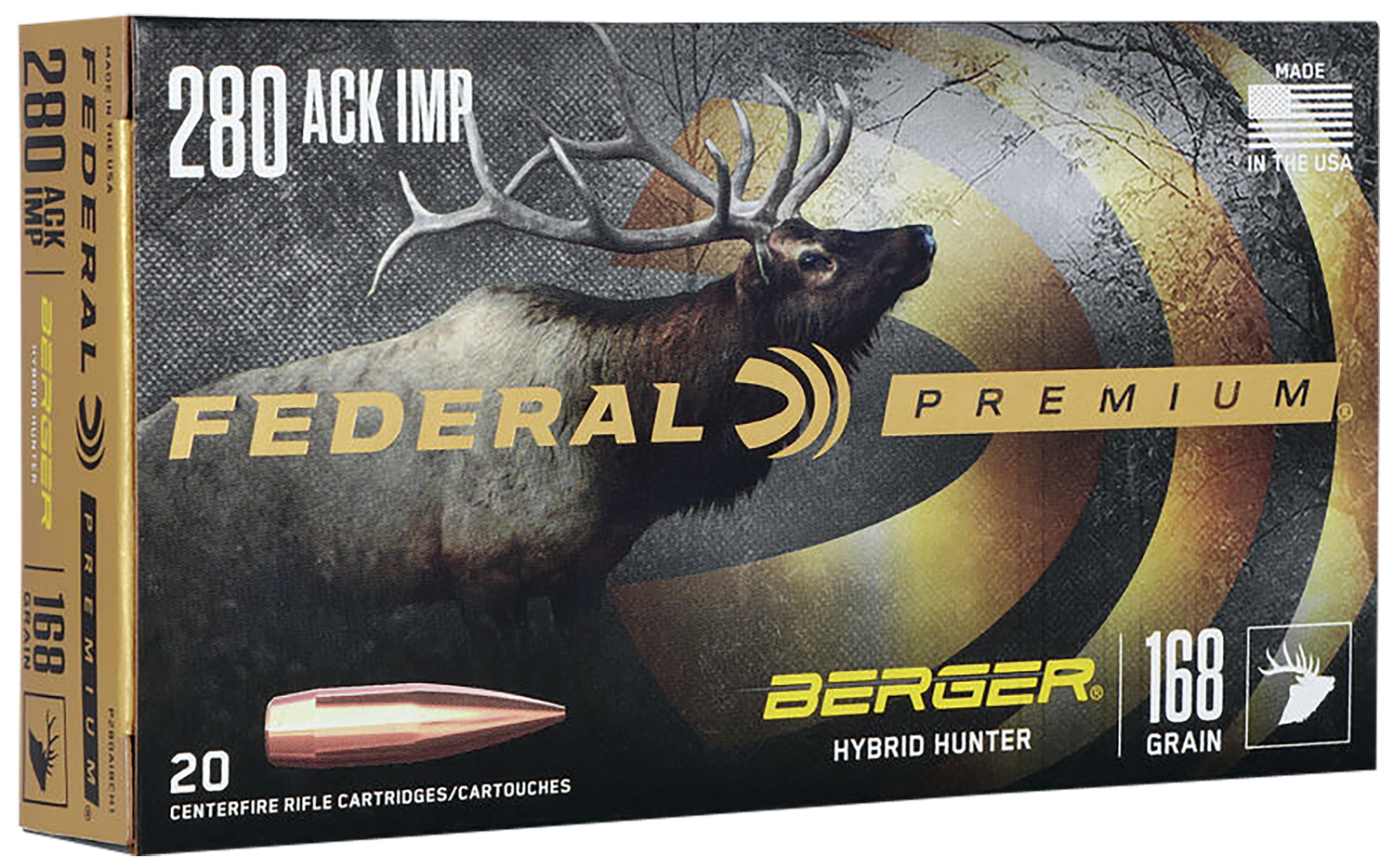 Federal Premium Berger Hybrid Rifle Ammunition P280AIBCH1, 280 Ackley Improve, Berger Hybrid, 168 GR, 2800 fps, 20 Rds/Bx