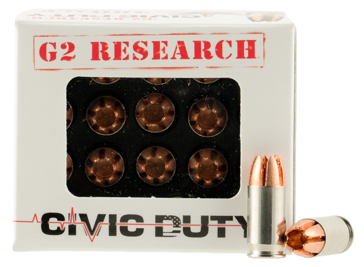 G2 Research Civic Duty Pistol Ammunition CIVIC380, 380 ACP, Copper Expansion Projectile, 64 GR, 1130 fps, 20 Rd/Bx