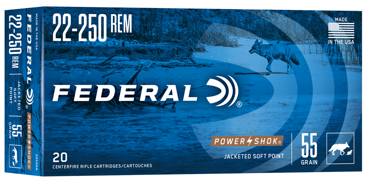 Federal Premium Power Shok Rifle Ammunition 22250A, 22-250 Remington, Soft Point (SP), 55 GR, 3680 fps, 20 Rd/bx