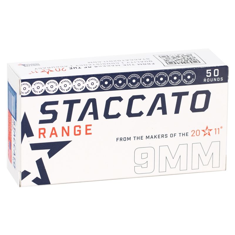 Staccato Range Pistol Ammunition 1-919-LHA124FMJ-STAC-R-ECOM, 9mm, Full Metal Jacket (FMJ), 124 GR, 1130 fps, 50 Rd/bx
