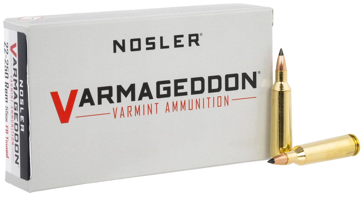 Nosler Varmageddon Rifle Ammunition 65155, 22-250 Remington, Flat Base Tipped, 55 GR, 3550 fps, 20 Rd/bx