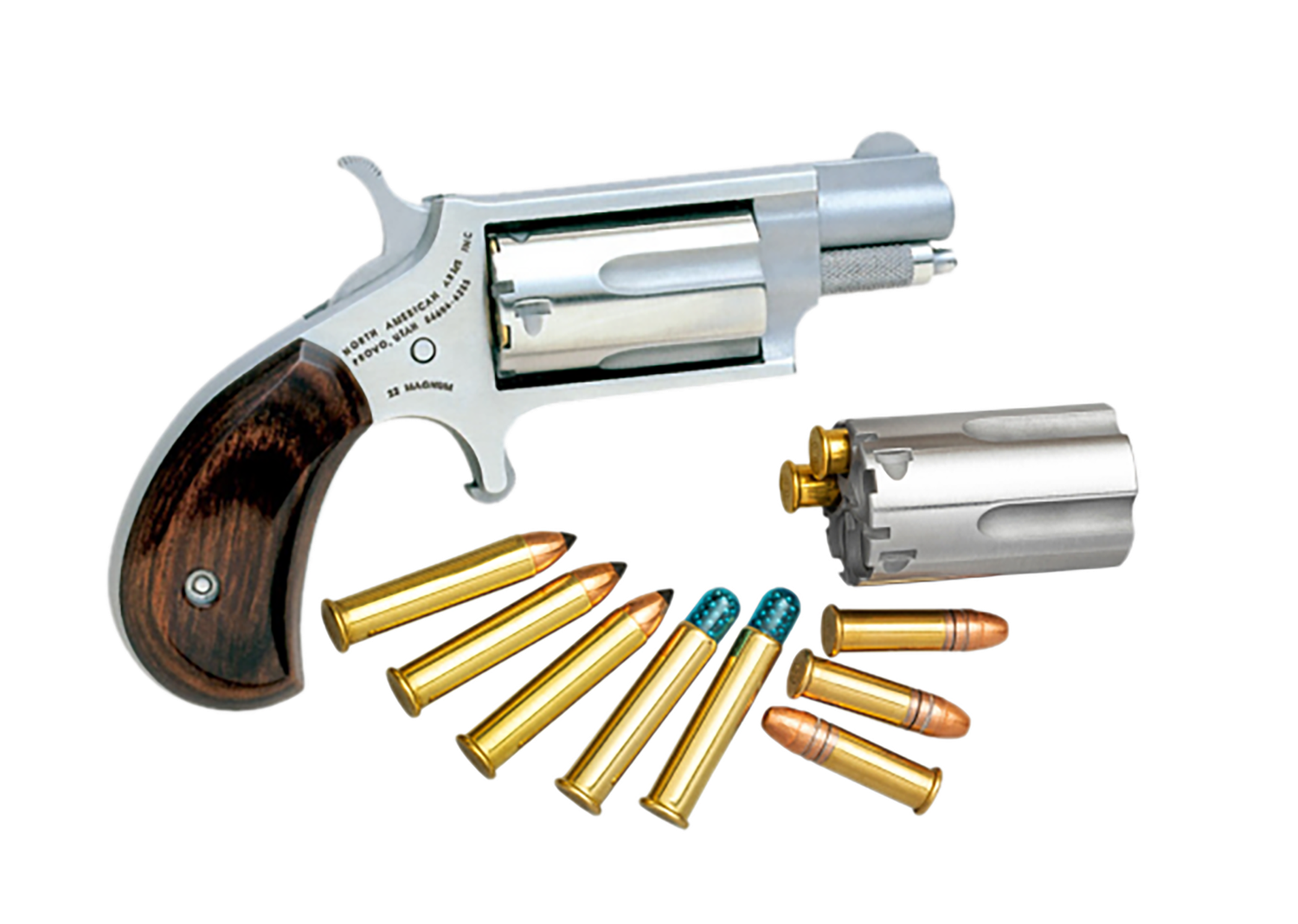 North American Mini-Revolver Combo 22MSC, 22 Long Rifle / 22 WMR, 1-1/8", Rosewood Grip, Matte Stainless Finish, 5 Rd