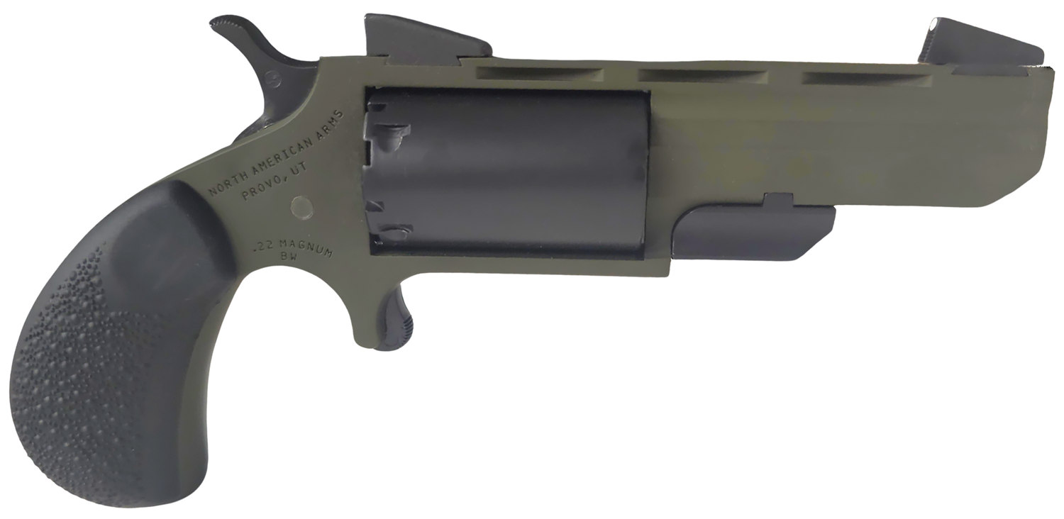 North American Arms Green Huntsman Revolver TGHMB, 22 Magnum (WMR), 2", Black Rubber Grip, Stainless Finish, 5 Rd, Fixed Sights + Holster
