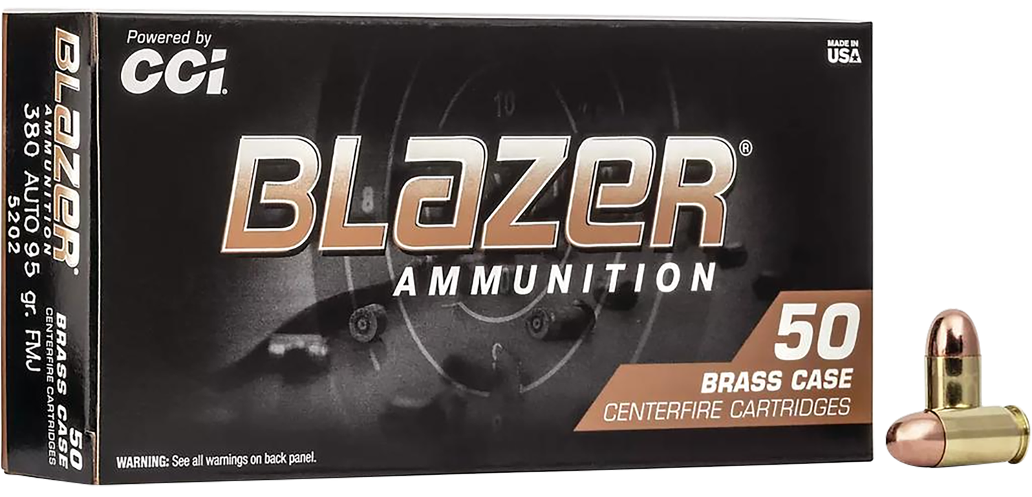 CCI Blazer Handgun Brass CF Brass Pistol Ammunition 5202, 380 ACP, Full Metal Jacket (FMJ), 95 GR, 945 fps, 50 Rd/bx