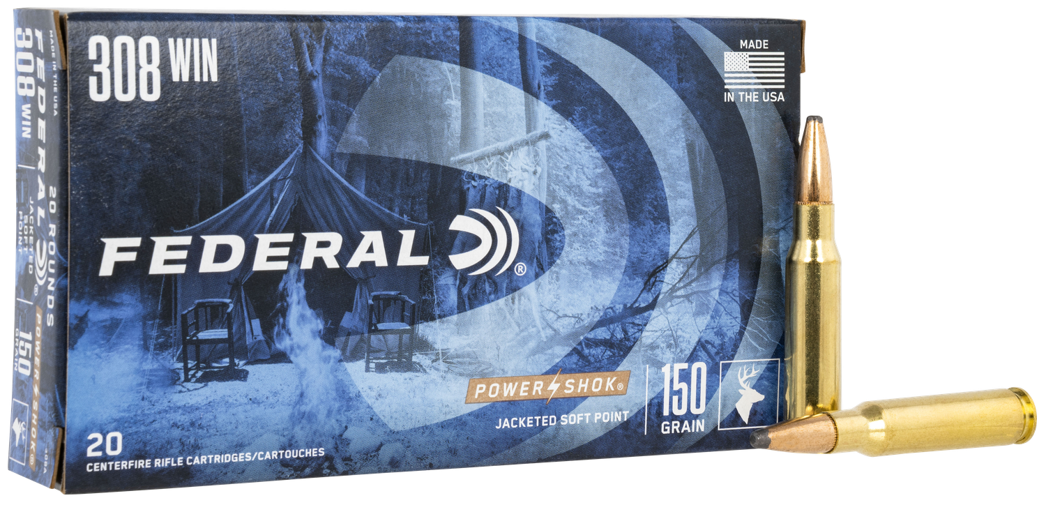 Federal Premium Power Shok Rifle Ammunition 308A, 308 Winchester, Soft Point (SP), 150 GR, 2820 fps, 20 Rd/bx