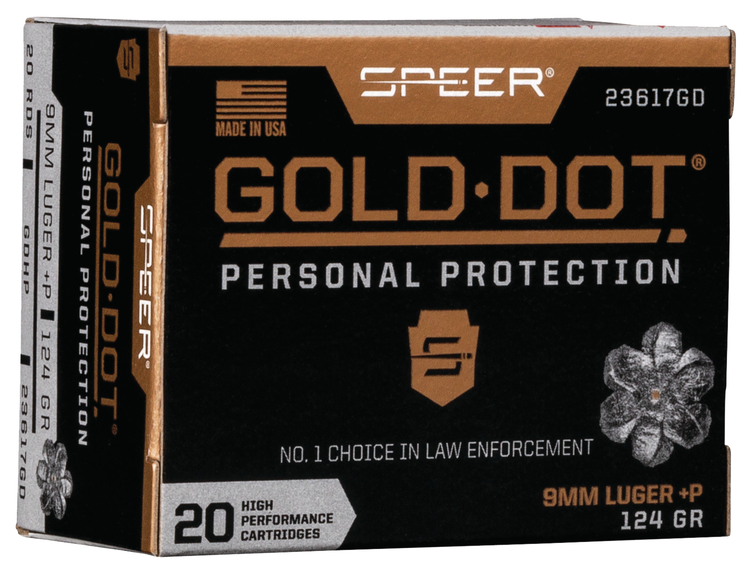 Speer Gold Dot Personal Protection Handgun Ammunition 23617GD, 9MM+P, Gold Dot HP, 124 GR, 1220 fps, 20 Rd/bx
