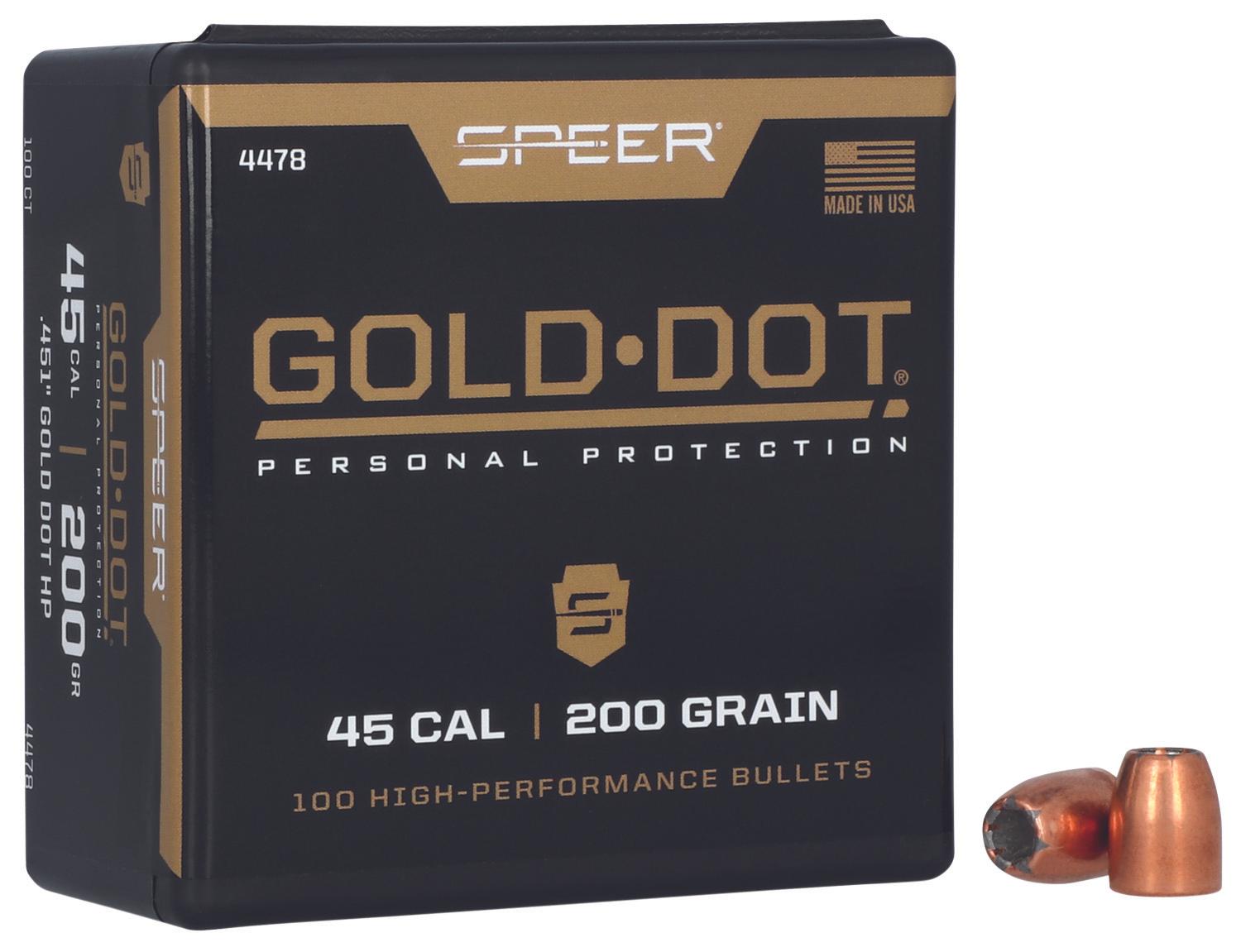 Speer 45 Caliber 200 Grain Gold Dot Hollow Point 100/Box (4478), Not Loaded