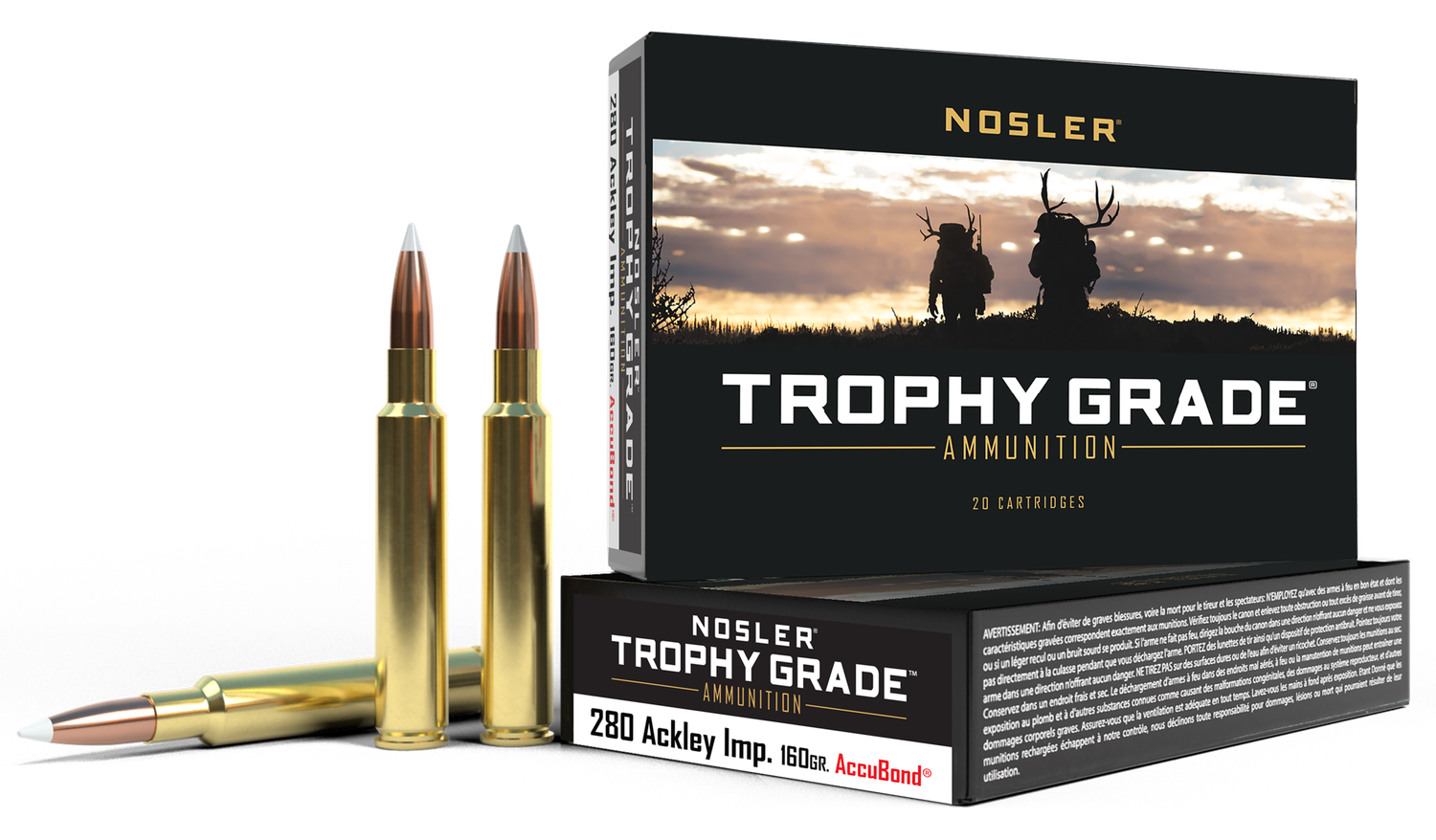 Nosler Long Range Rifle Ammunition 60076, 280 Remington Ackley Improved, AccuBond, 160 GR, 2950 fps, 20 Rd/Bx