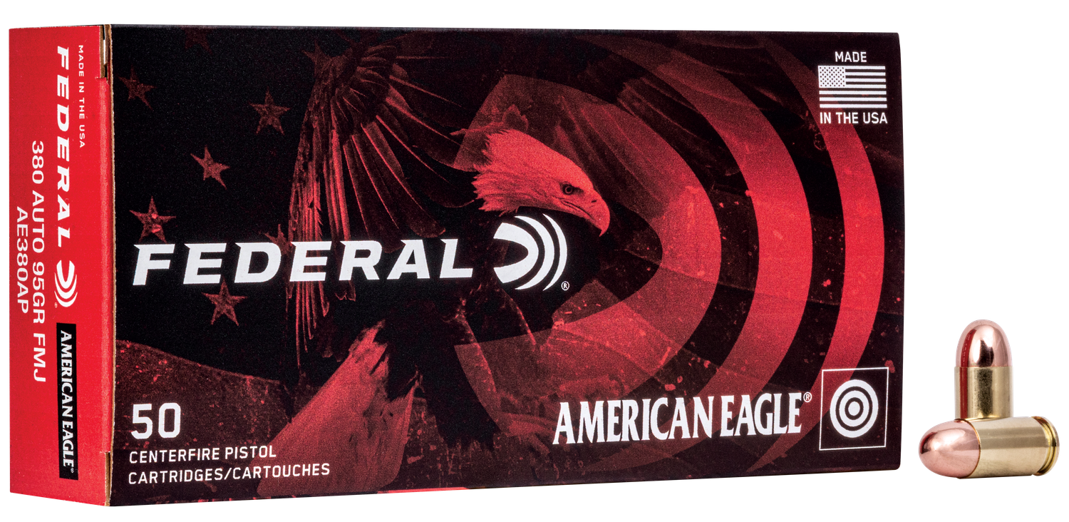 Federal American Eagle Pistol Ammunition AE380AP, 380 ACP, Metal Case (MC), 95 GR, 960 fps, 50 Rd/bx