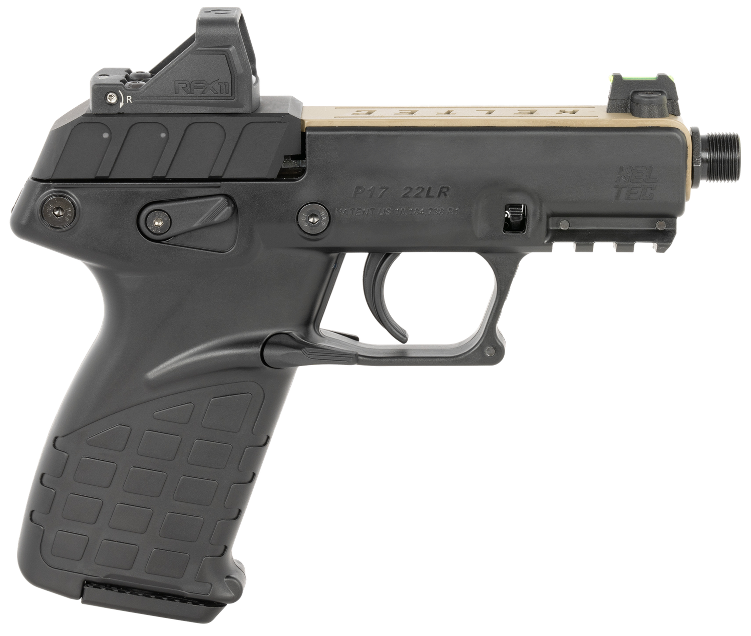 Kel-Tec P17 Pistol P17TANBLKOPTIC, 22 LR, 3.80", Textured Grips, Black Finish, w/Viridian RFX-11 Green Dot, 16 Rds