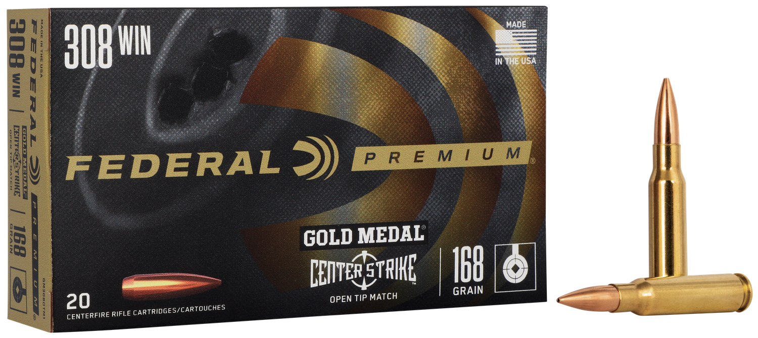 Federal Premium Gold Medal Rifle Ammunition GM308OTM1, 308 Winchester, Open Tip Match BTHP, 168 GR, 2650 fps, 20 Rd/bx