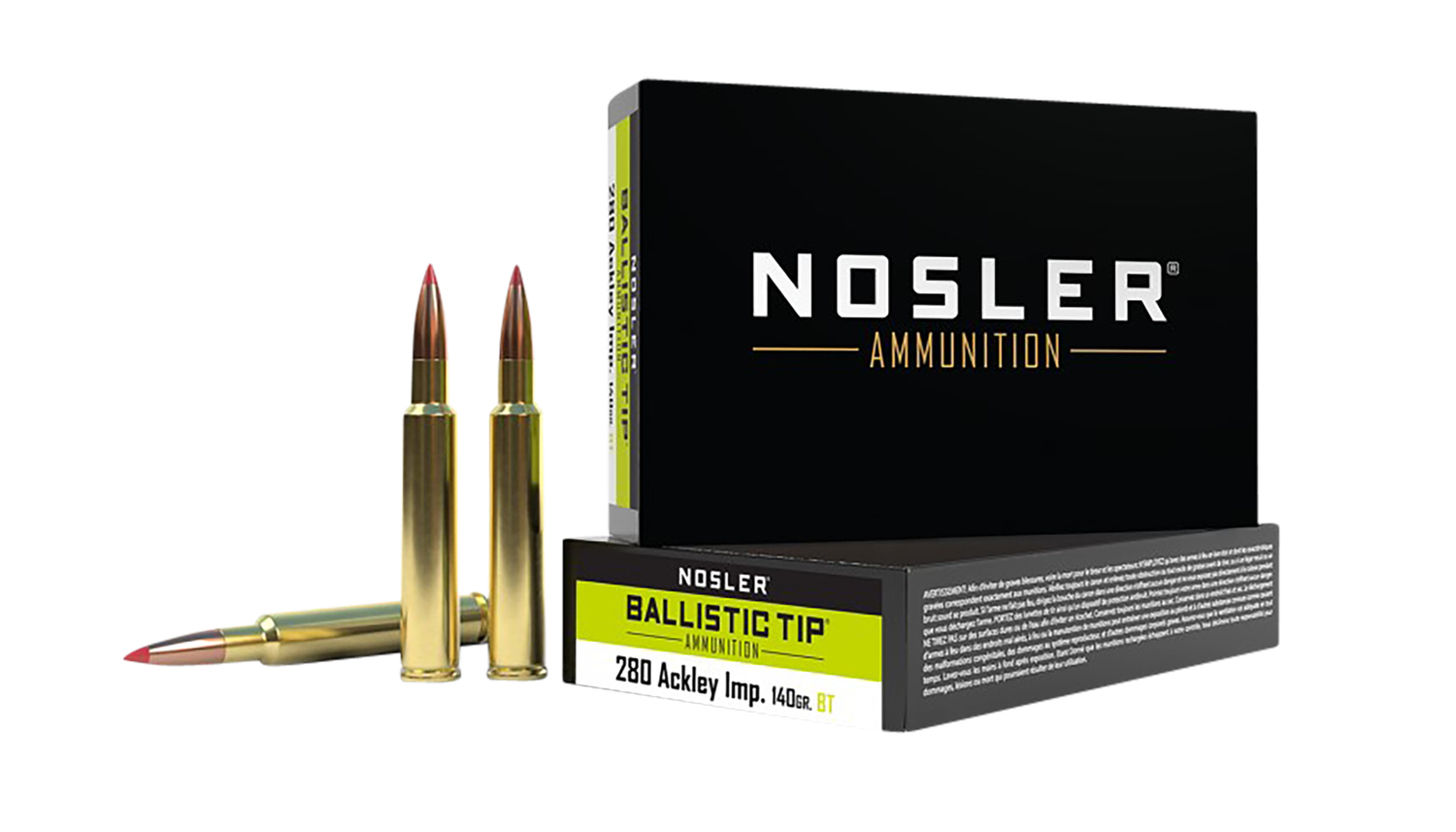 Nosler Ballistic Tip Hunting Rifle Ammunition 43504, 280 Ackley, Ballistic Tip, 140 Gr, 3150 fps, 20 Rds