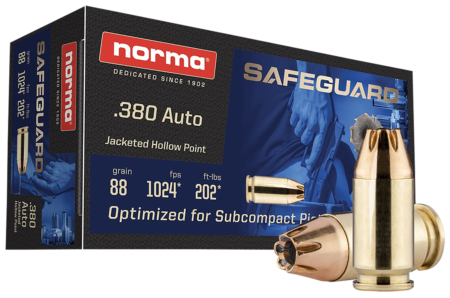 Norma Safeguard Pistol Ammunition 803807680, 380 Automatic Colt Pistol ACP, JHP, 88 gr, 1024 fps, 50 Rd/Bx