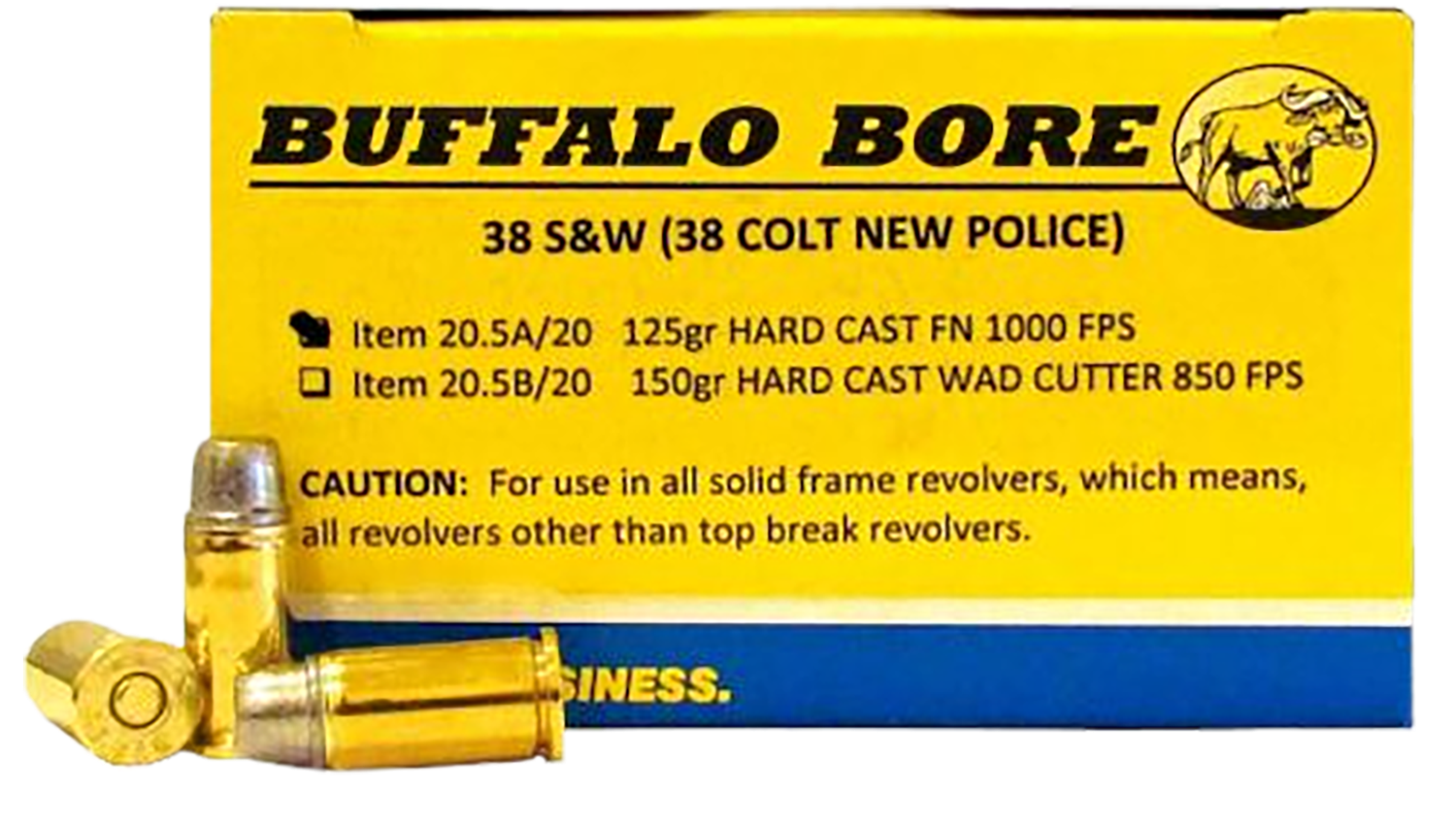 Buffalo Bore Handgun Ammunition 20.5A/20, 38 S&W, Hard Cast Flat Nose, 125 GR, 1050 fps, 20 Rd/bx