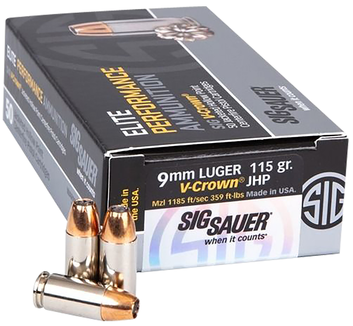 Sig Match Elite Pistol Ammunition E9MMA1COMP50, 9mm Luger, V Crown JHP, 115 gr, 1185 fps, 50 Rd/Bx