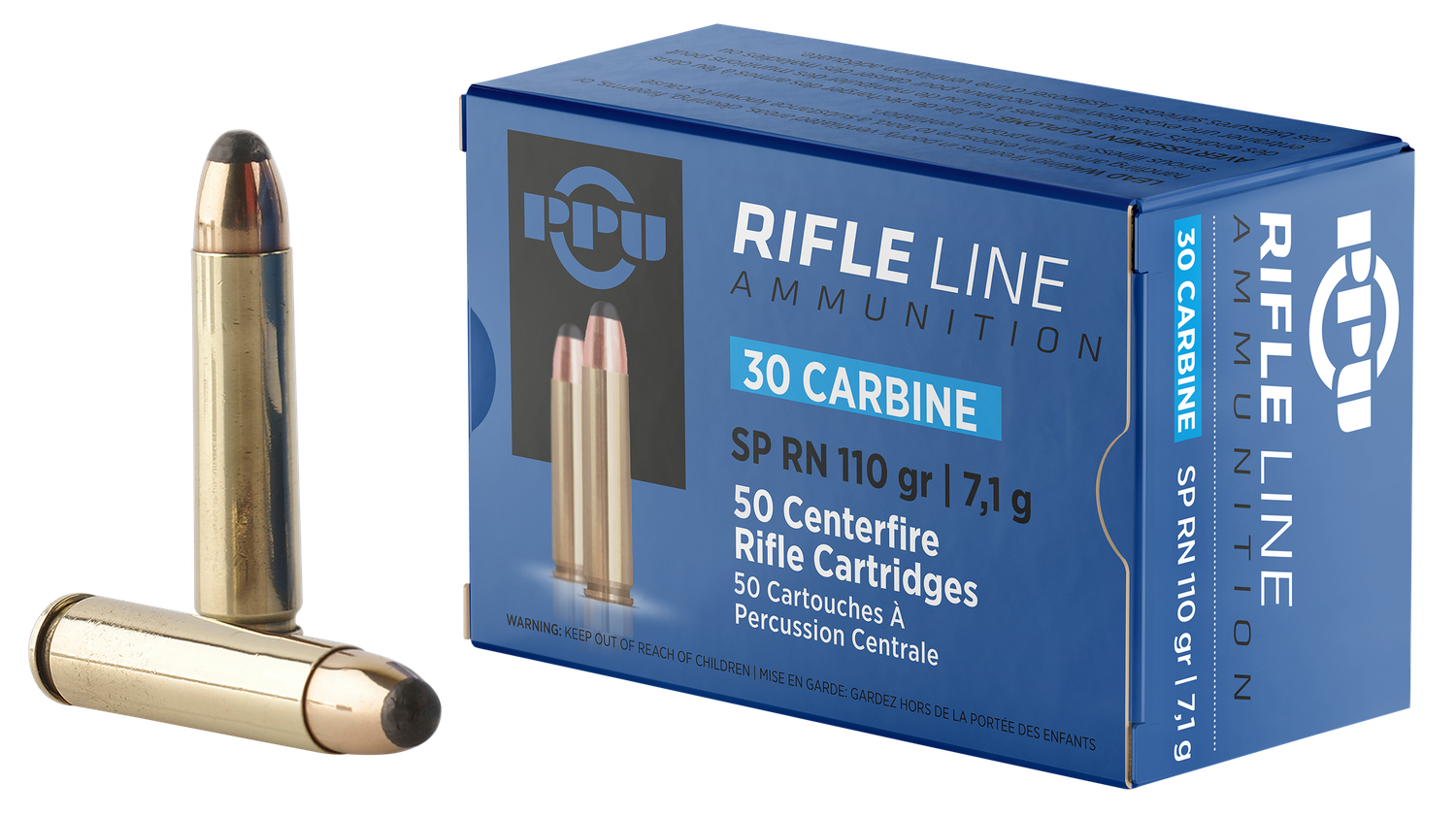 Prvi Partizan Rifle Ammunition PP30S, 30 Carbine, Soft Point Round Nose, 110 gr, 1990 fps, 50 Rd/Bx