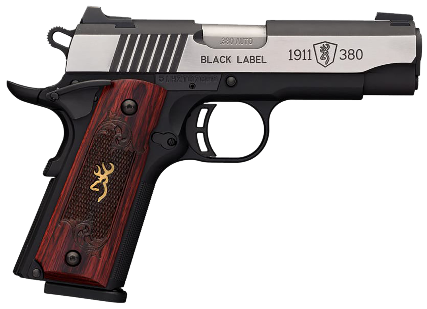 Browning 1911-380 Black Label Medallion Pro Compact Pistol 051913492, 380 ACP, 3.58", Rosewood w/Gold Buckmark Inlay Grips, Matte Black Finish, 8 Rds
