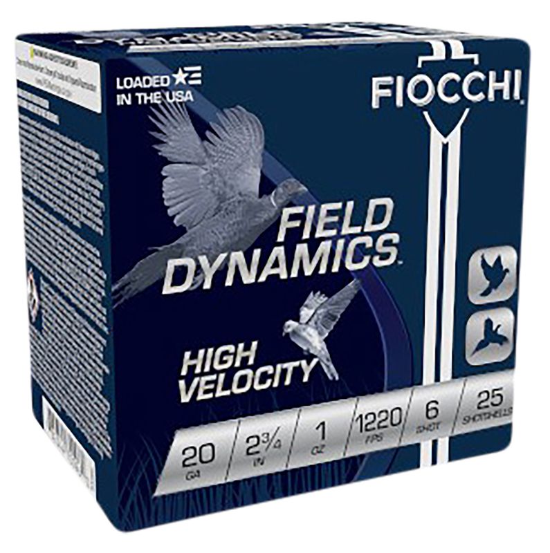 Fiocchi High Velocity 20HV6, 20 Gauge, 2-3/4", 1 oz, 1220 fps, #6 Lead Shot, 25 Rds/Bx