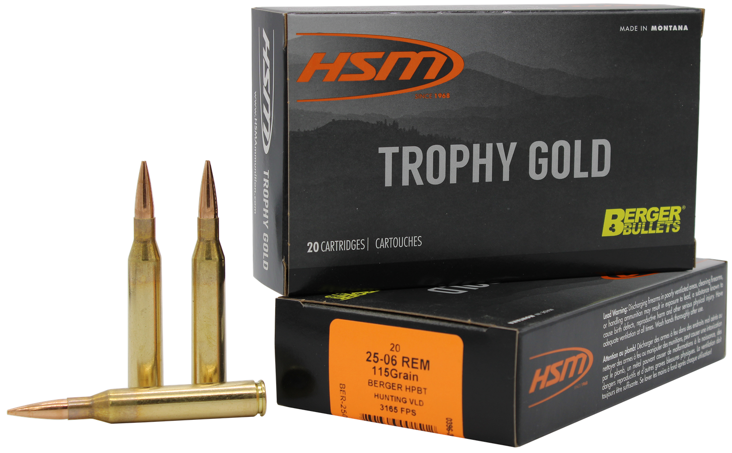 HSM Trophy Gold Rifle Ammunition 2506115VLD, 25-06 Remington, Berger Hunting VLD, 115 GR, 3165 fps, 20 Rd/bx
