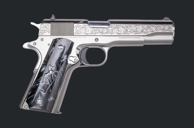 Custom & Collectible Colt 1911 "War Horse" CNCWARHORSE, 45 ACP, 5", Black Pear Grips, Black Chrome Plated Engraved Slide, 8 Rds