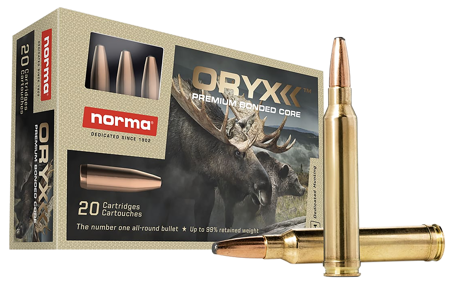 Norma Oryx Rifle Ammunition 20157342, 22-250 Rem, 55 gr, 3608 fps, 20 Rd/Bx