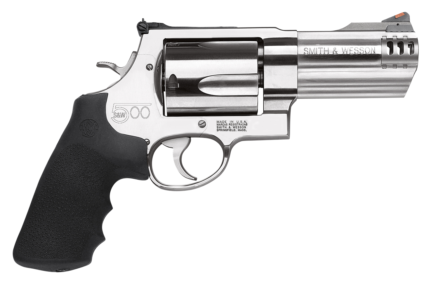 Smith & Wesson 500 Revolver 163504, 500 S&W, 4", Rubber Grip, Satin Stainless Finish, 5 Rd