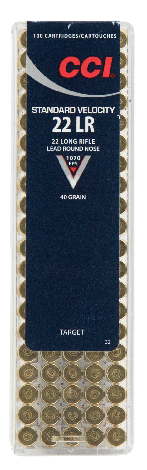 CCI Standard Velocity Target/Plinking Rimfire Ammunition 0032, 22 Long Rifle, Round Nose (RN), 40 GR, 1070 fps, 100 Rd/bx