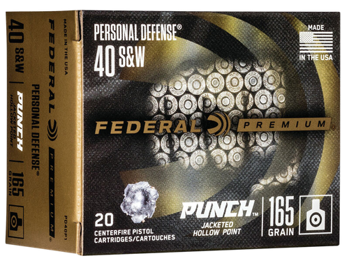 Federal Personal Defense Punch Pistol Ammunition PD40P1, 40 Smith & Wesson, Jacketed Hollow Point (JHP), 165 GR, 20 Rd/bx