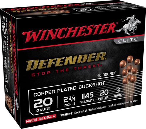 Winchester Defender Shotshells SB203PD, 20 Gauge, 2-3/4", 20 Pellets, 1145 fps, #3 Copper Plated Lead Buckshot, 10 Rd/bx