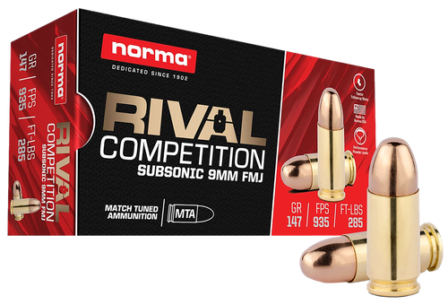 Norma Rival Competition Pistol Ammunition 801906402, 9mm, Full Metal Jacket, 147 gr, 935 fps, 50 Rd/Bx