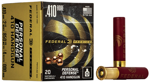 Federal Premium Personal Defense Handgun Ammunition PD412JGE000, 410 Gauge, 2 1/2 in, 4 pellets, 850 fps, #000 Buckshot, 20 Rd/bx