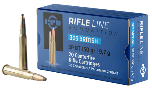 PPU Standard Rifle Ammunition PP303S1, 303 British, Soft Point Boat Tail, 150 GR, 2690 fps, 20 Rds/bx