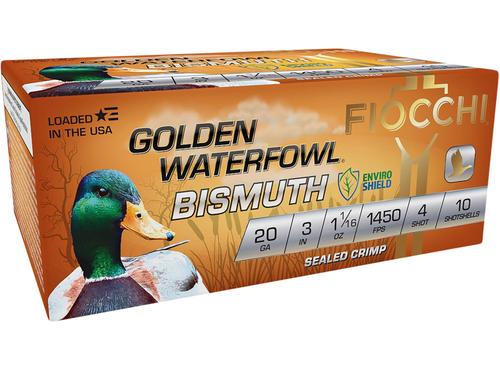 Fiocchi Golden Waterfowl Bismuth Shotshells 203GB4, 20 Gauge, 3", 1 1/16 oz, 1450 fps, #4 Steel Shot, 10 Rds/box