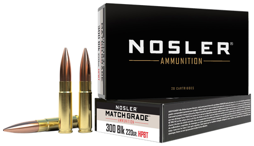 Nosler Match Grade Rifle Ammunition 51275, 300 AAC Blackout, Custom Competition, 220 GR, 1020 fps, 20 Rd/bx