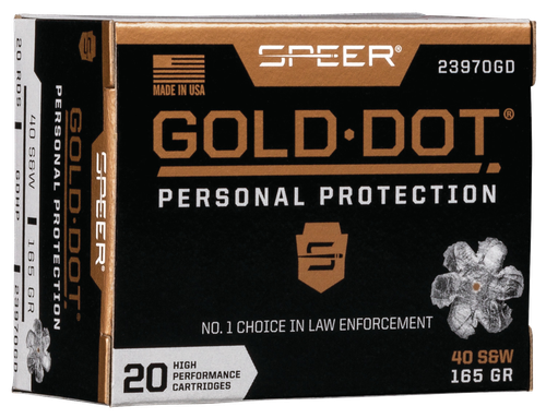 Speer Gold Dot Personal Protection Handgun Ammunition 23970GD, 40 S&W, Gold Dot HP, 165 GR, 1150 fps, 20 Rd/bx