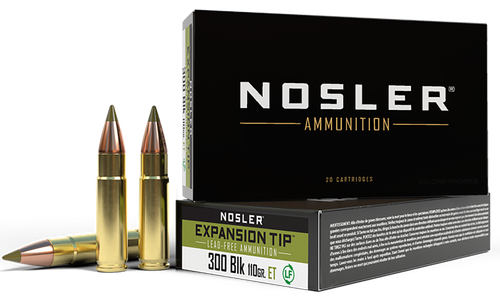 Nosler E-Tip Rifle Ammunition 40660, 300 Blackout, E-Tip Lead-Free, 110 gr, 2300 fps, 20 Rd/Bx
