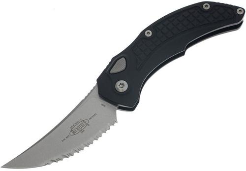 Microtech Brachial Automatic Folding Knife, Single Edge Fully Serrated Stonewash Blade, Black Handle (268A-12)
