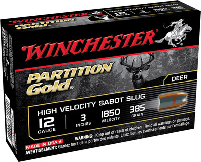 Winchester Supreme Partition Gold Slugs SSP123, 12 Gauge, 3", 385 grains, 1850 fps, Sabot Slug Copper/Lead, 5 Rd/bx