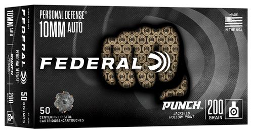 Federal Cartridge Punch Pistol Ammunition PD10P1G, 10mm, Jacketed Hollow Point (JHP), 200 GR, 1100 fps, 50 Rd/bx