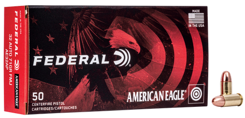 Federal American Eagle Pistol Ammunition AE32AP, 32 ACP, Full Metal Jacket (FMJ), 71 GR, 910 fps, 50 Rd/bx