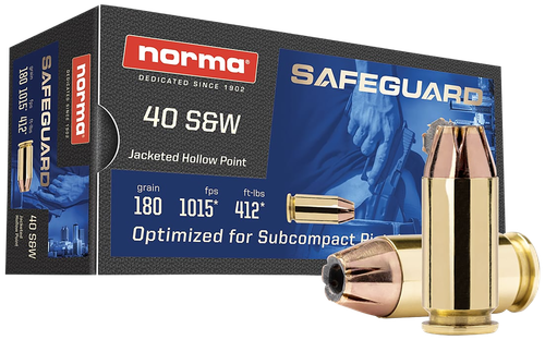 Norma Safeguard Pistol Ammunition 801407727, 40 S&W, JHP, 180 gr, 1015 fps, 50 Rd/Bx