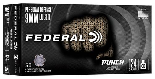 Federal Cartridge Punch Pistol Ammunition PD9P1G, 9mm, Jacketed Hollow Point (JHP), 124 GR, 1150 fps, 50 Rd/bx