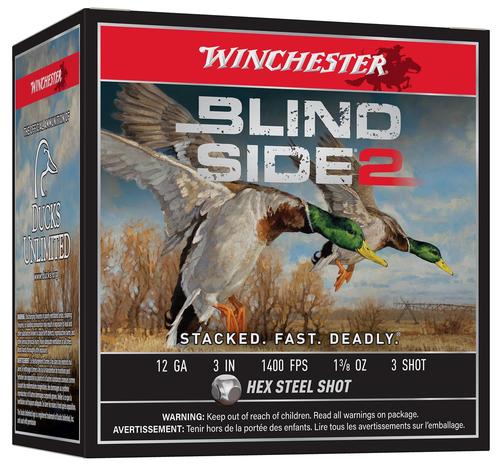 Winchester Blind Side 2 Shotshells XBS1233, 12 Gauge, 3", 1 3/8 oz, 1400 fps, #3 Steel Shot, 25 Rds/bx