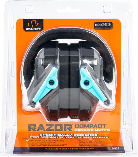 Walkers Game Ear Razor Compact Passive Earmuff, Black & Teal, Youth Women (GWPCRPASTL)