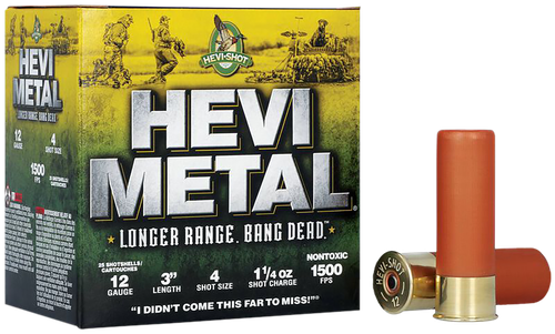 Hevishot Hevi-Metal Long Range Waterfowl Shotshells 38004, 12 Gauge, 3 in, 1-1/4 oz, 1500 fps, #4 Hevi Metal Shot, 25 Rd/bx